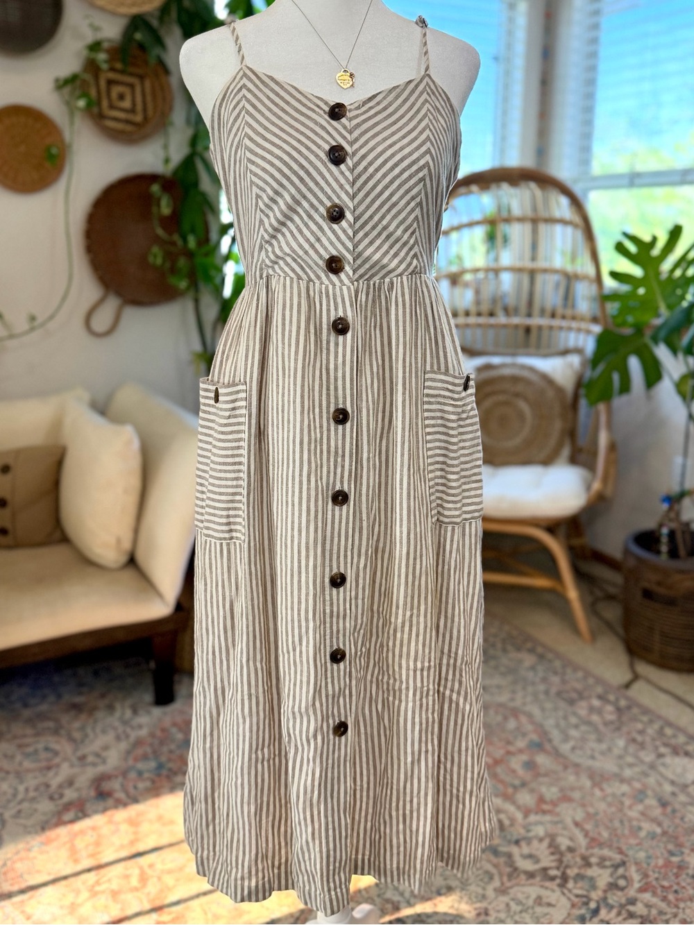 Sundress Midi Striped Linen Blend Dress Beige White Pockets Boho S Spring Summer